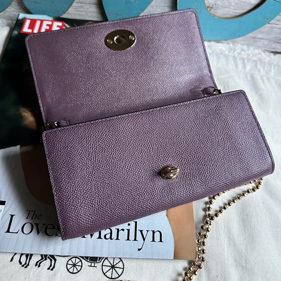 COACH PURPLE CROSSBODY BAG CLUTCH WALLET ON GOLD BEADED CHAIN - Picture 12 of 16